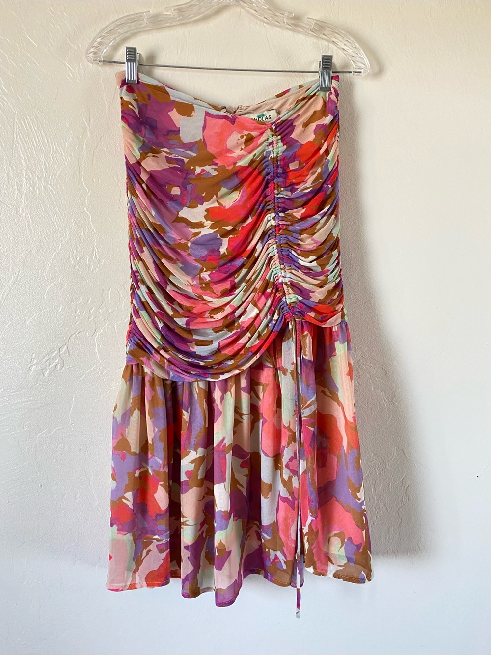 Nicholas size medium orange purple mesh rushed side slit strapless midi dress